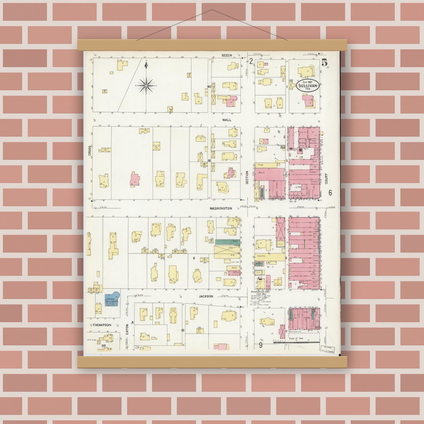 Old map wall art mockup — magnetic wood frame on brick wall — Sanborn Fire Insurance Map from Sullivan, Sullivan County, Indiana (1907), Sheet #0005