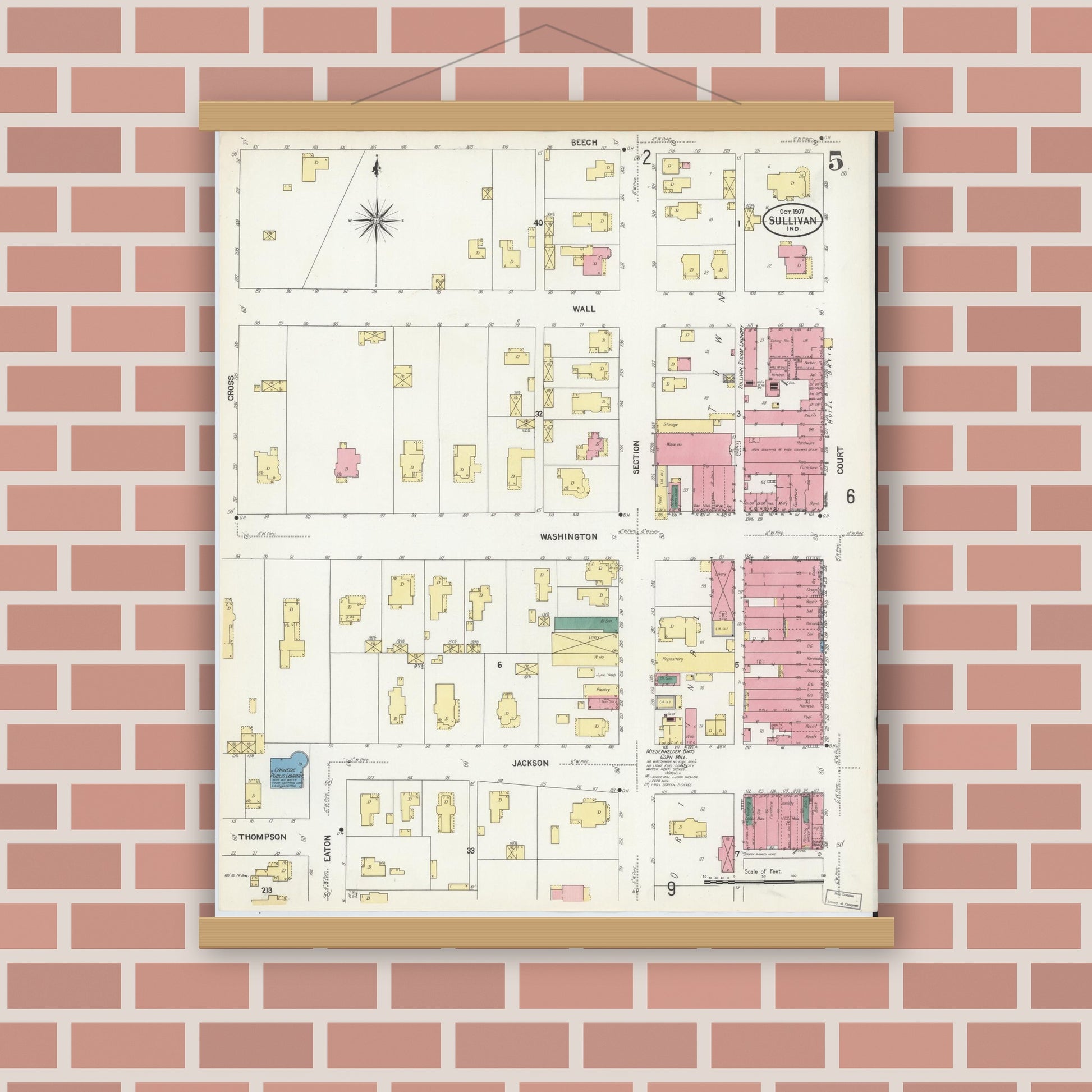 Old map wall art mockup — magnetic wood frame on brick wall — Sanborn Fire Insurance Map from Sullivan, Sullivan County, Indiana (1907), Sheet #0005
