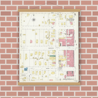 Old map wall art mockup — magnetic wood frame on brick wall — Sanborn Fire Insurance Map from Sullivan, Sullivan County, Indiana (1907), Sheet #0005