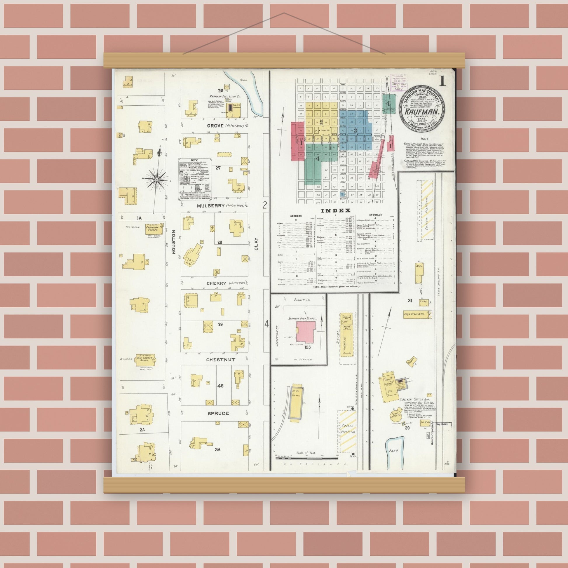 Old map wall art mockup — magnetic wood frame on brick wall — Sanborn Fire Insurance Map from Kaufman, Kaufman County, Texas (1905), Sheet #0001