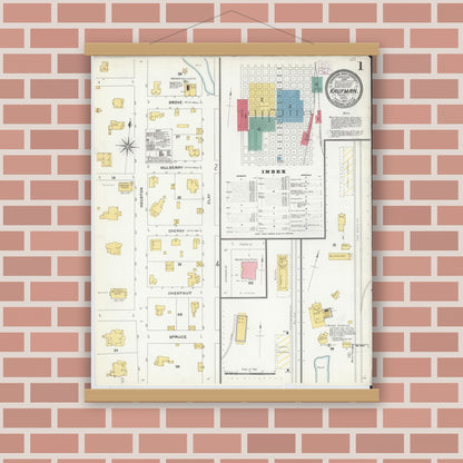 Old map wall art mockup — magnetic wood frame on brick wall — Sanborn Fire Insurance Map from Kaufman, Kaufman County, Texas (1905), Sheet #0001