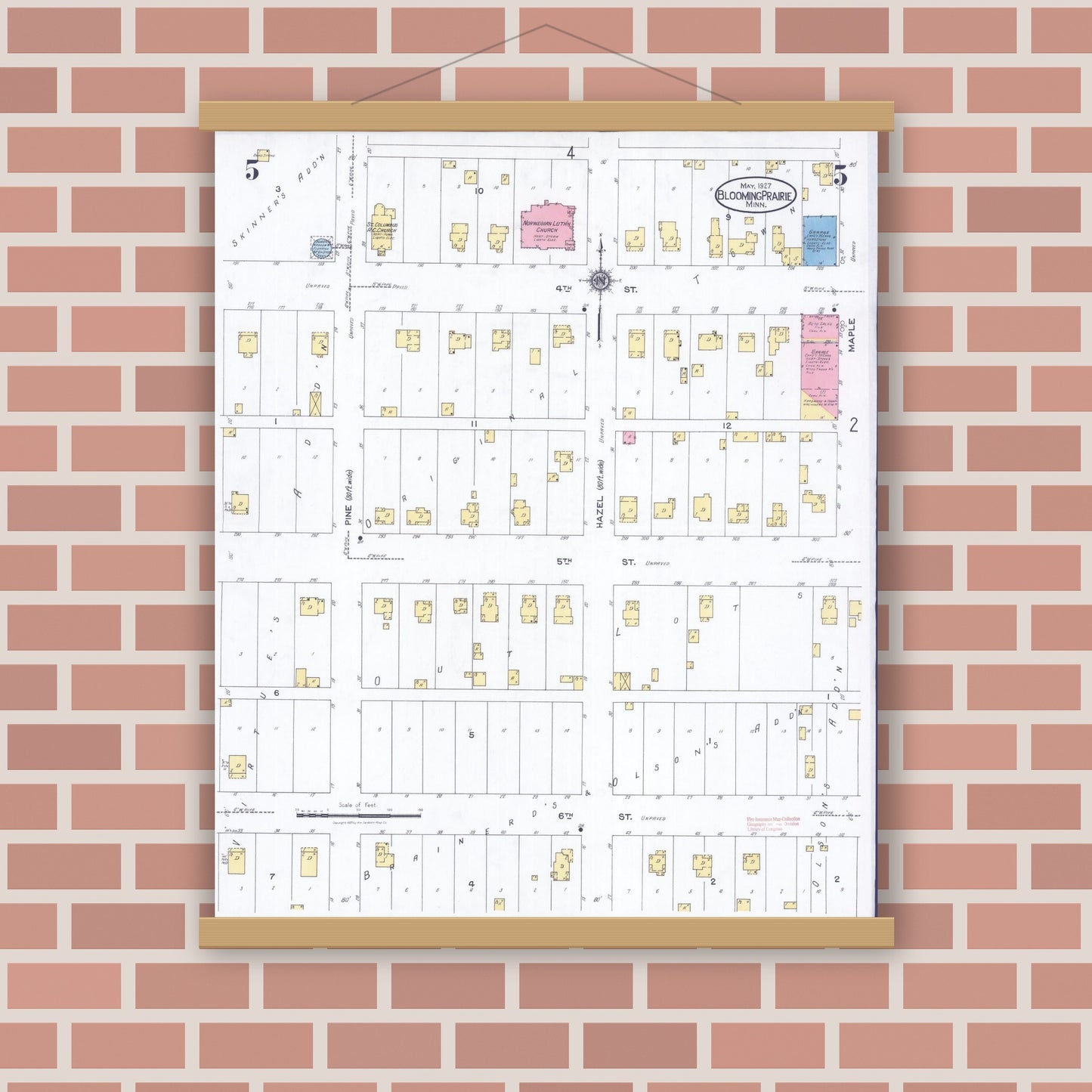 Old map wall art mockup — magnetic wood frame on brick wall — Sanborn Fire Insurance Map from Blooming Prairie, Steele County, Minnesota (1927), Sheet #0005
