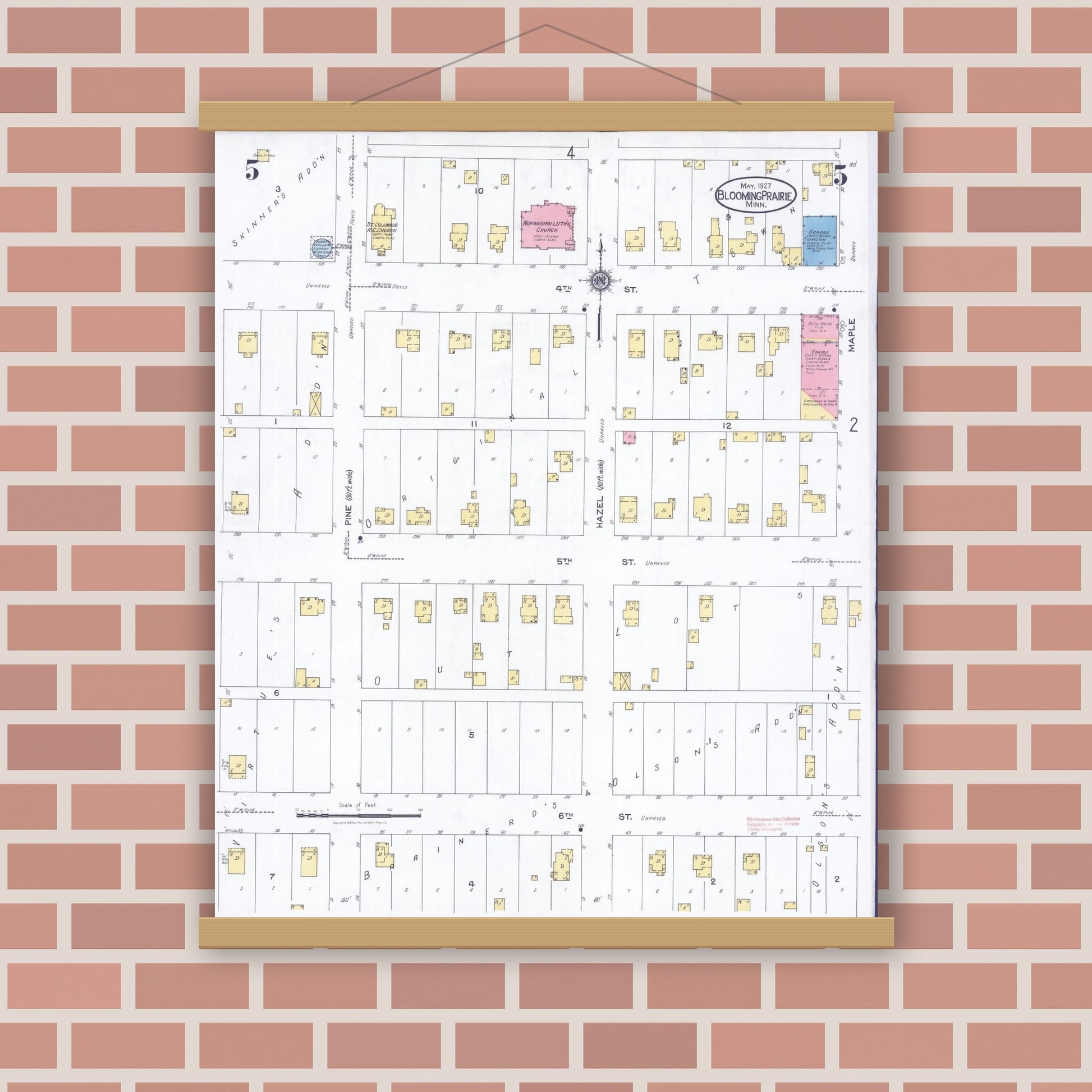 Old map wall art mockup — magnetic wood frame on brick wall — Sanborn Fire Insurance Map from Blooming Prairie, Steele County, Minnesota (1927), Sheet #0005