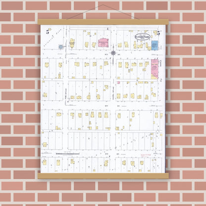Old map wall art mockup — magnetic wood frame on brick wall — Sanborn Fire Insurance Map from Blooming Prairie, Steele County, Minnesota (1927), Sheet #0005