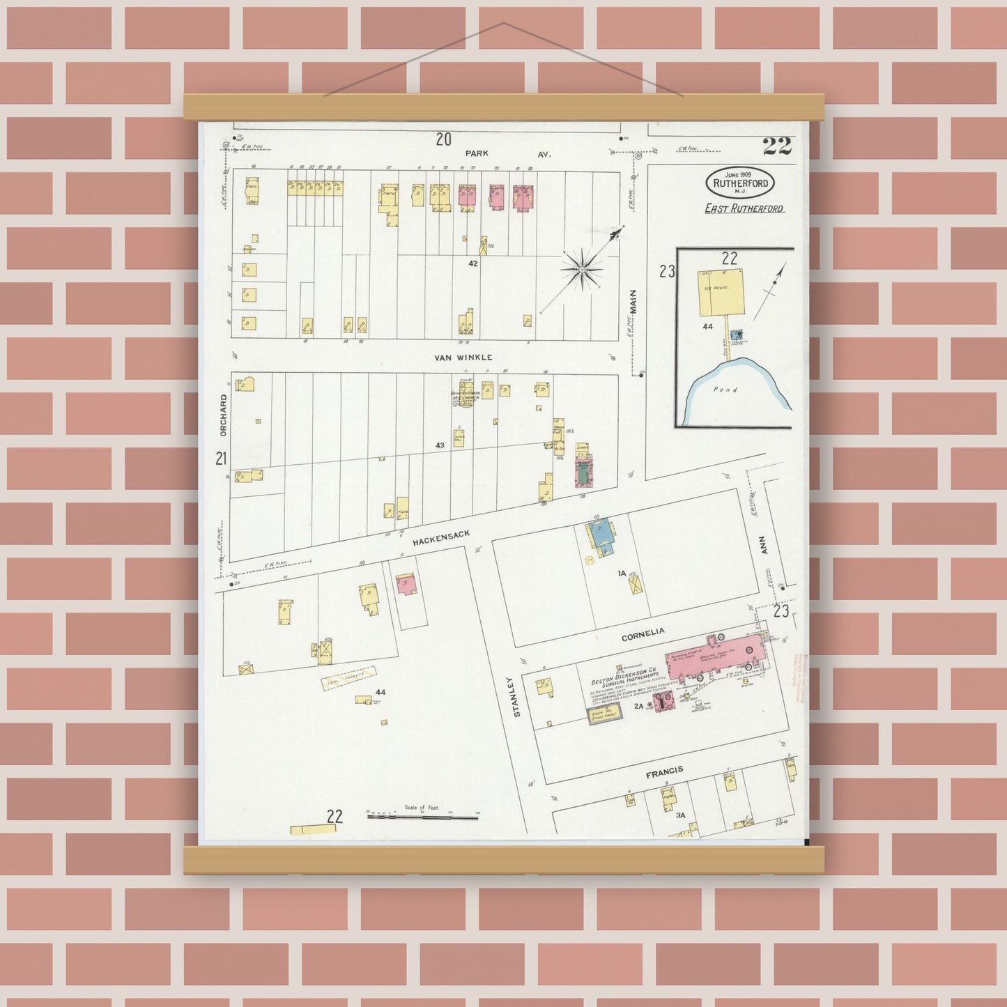 Old map wall art mockup — magnetic wood frame on brick wall — Sanborn Fire Insurance Map from Rutherford, Bergen County, New Jersey (1909), Sheet #0022