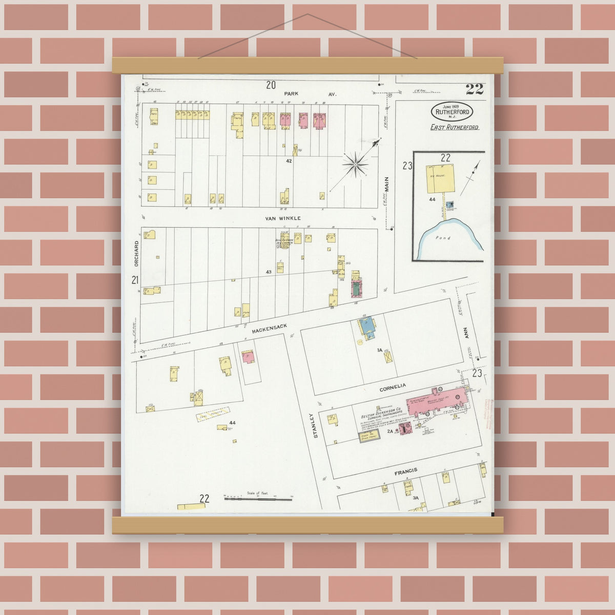 Old map wall art mockup — magnetic wood frame on brick wall — Sanborn Fire Insurance Map from Rutherford, Bergen County, New Jersey (1909), Sheet #0022