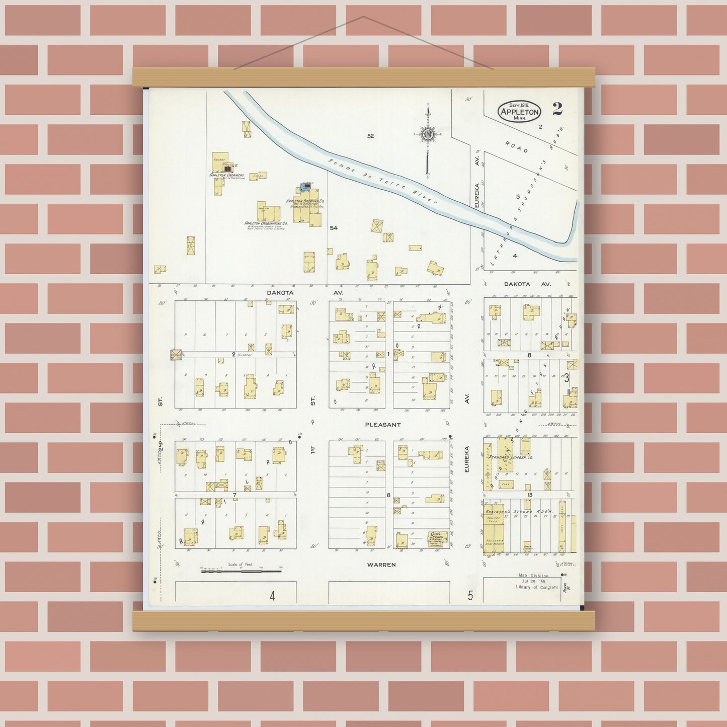 Old map wall art mockup — magnetic wood frame on brick wall — Sanborn Fire Insurance Map from Appleton, Swift County, Minnesota (1915), Sheet #0002