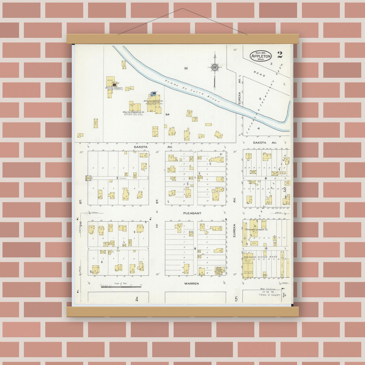 Old map wall art mockup — magnetic wood frame on brick wall — Sanborn Fire Insurance Map from Appleton, Swift County, Minnesota (1915), Sheet #0002