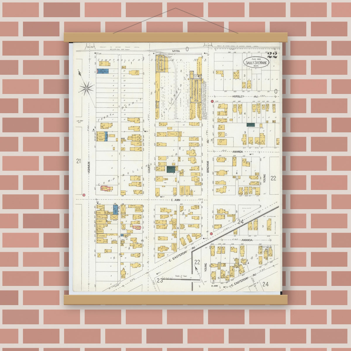 Old map wall art mockup — magnetic wood frame on brick wall — Sanborn Fire Insurance Map from Sault Sainte Marie, Chippewa County, Michigan (1906), Sheet #0022
