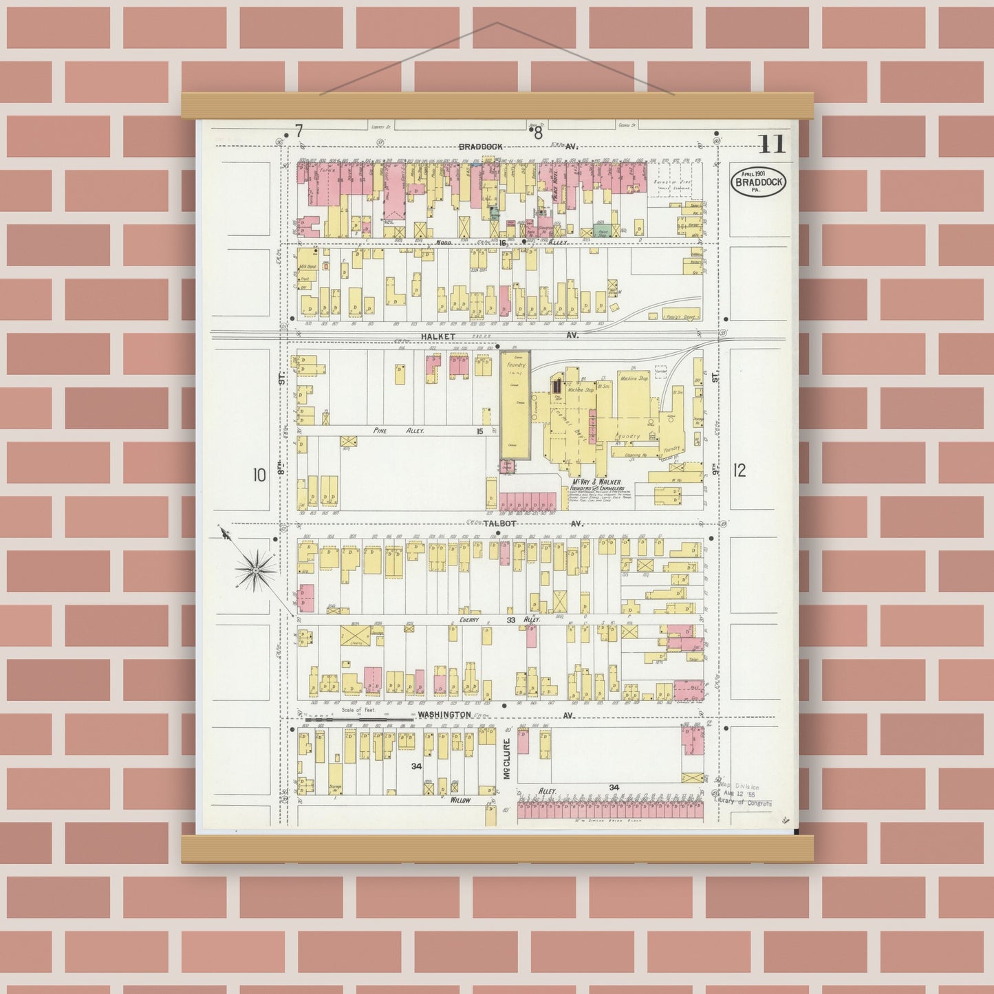 Old map wall art mockup — magnetic wood frame on brick wall — Sanborn Fire Insurance Map from Braddock, Allegheny County, Pennsylvania (1901), Sheet #0011