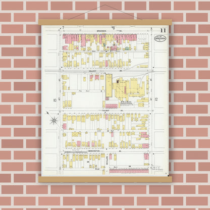 Old map wall art mockup — magnetic wood frame on brick wall — Sanborn Fire Insurance Map from Braddock, Allegheny County, Pennsylvania (1901), Sheet #0011