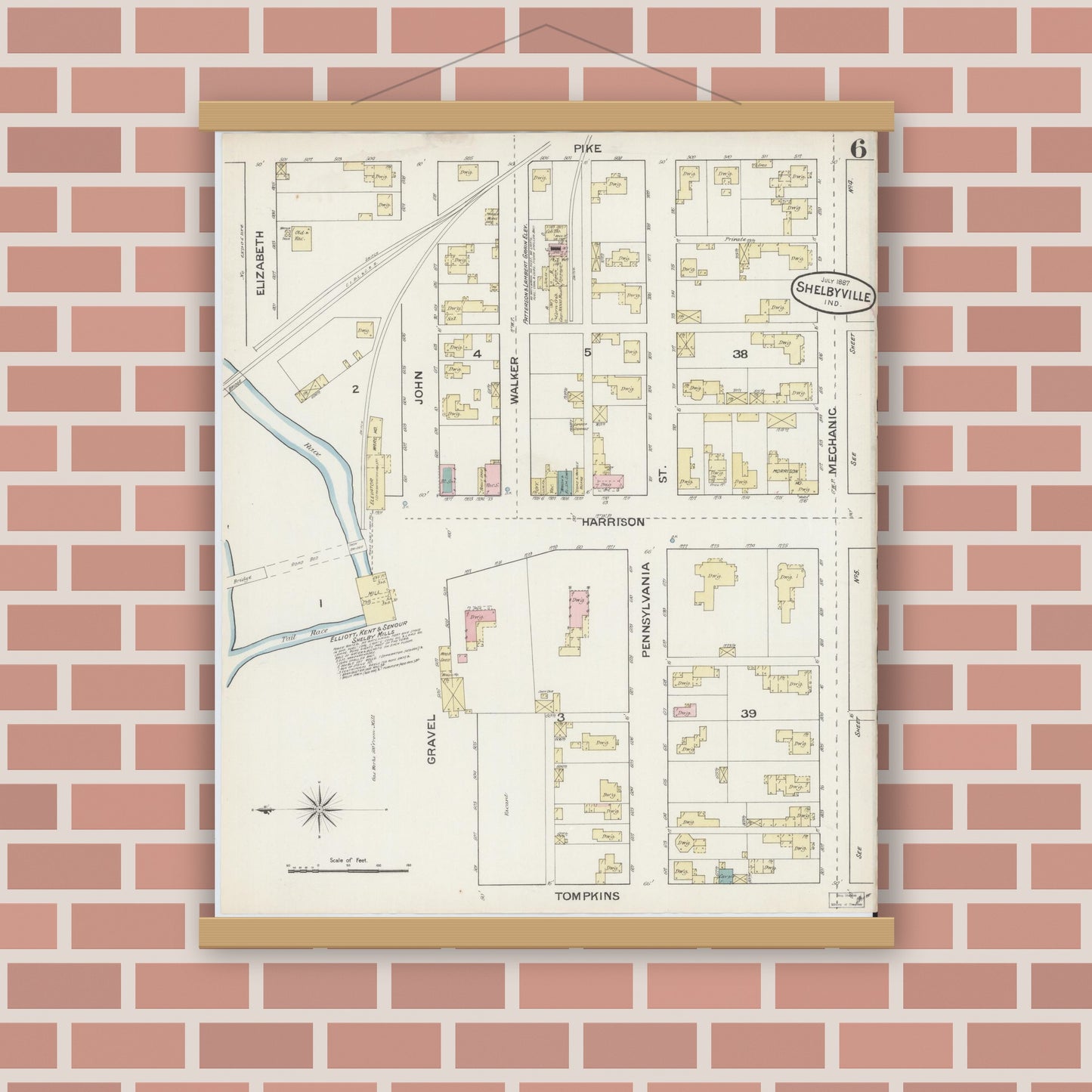 Old map wall art mockup — magnetic wood frame on brick wall — Sanborn Fire Insurance Map from Shelbyville, Shelby County, Indiana (1887), Sheet #0006