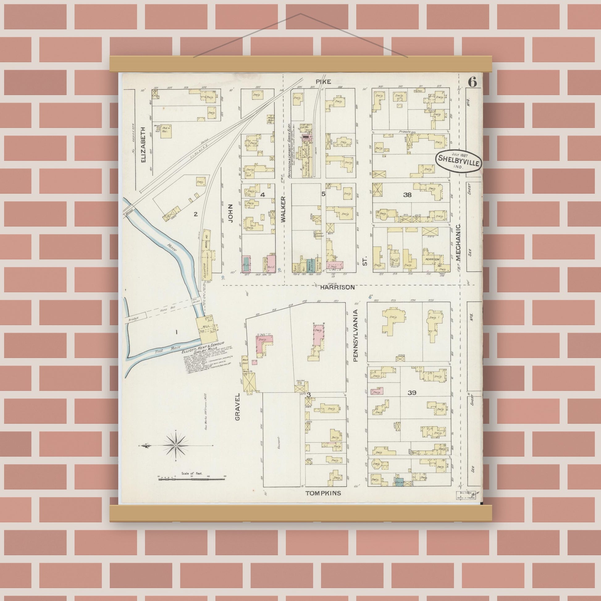 Old map wall art mockup — magnetic wood frame on brick wall — Sanborn Fire Insurance Map from Shelbyville, Shelby County, Indiana (1887), Sheet #0006