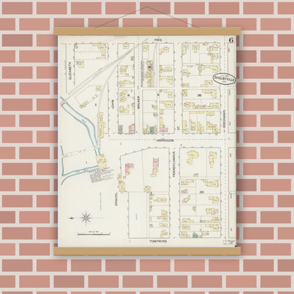 Old map wall art mockup — magnetic wood frame on brick wall — Sanborn Fire Insurance Map from Shelbyville, Shelby County, Indiana (1887), Sheet #0006