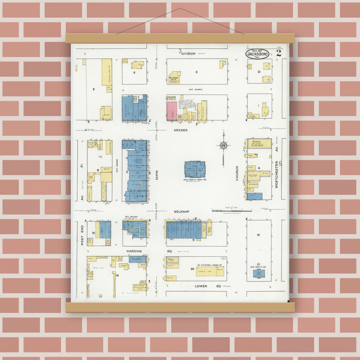 Old map wall art mockup — magnetic wood frame on brick wall — Sanborn Fire Insurance Map from Jacksboro, Jack County, Texas (1921), Sheet #0002