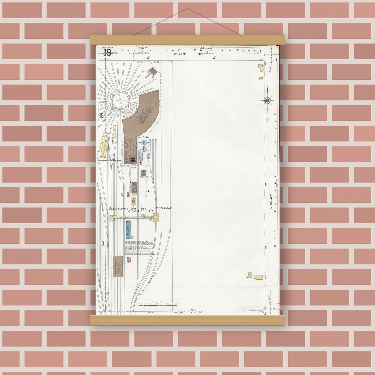 Old map wall art mockup — magnetic wood frame on brick wall — Sanborn Fire Insurance Map from Chicago, Cook County, Illinois (1920), Sheet #0019