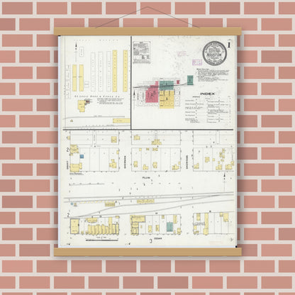 Old map wall art mockup — magnetic wood frame on brick wall — Sanborn Fire Insurance Map from Houston, Houston County, Minnesota (1909) - Complete Map Set