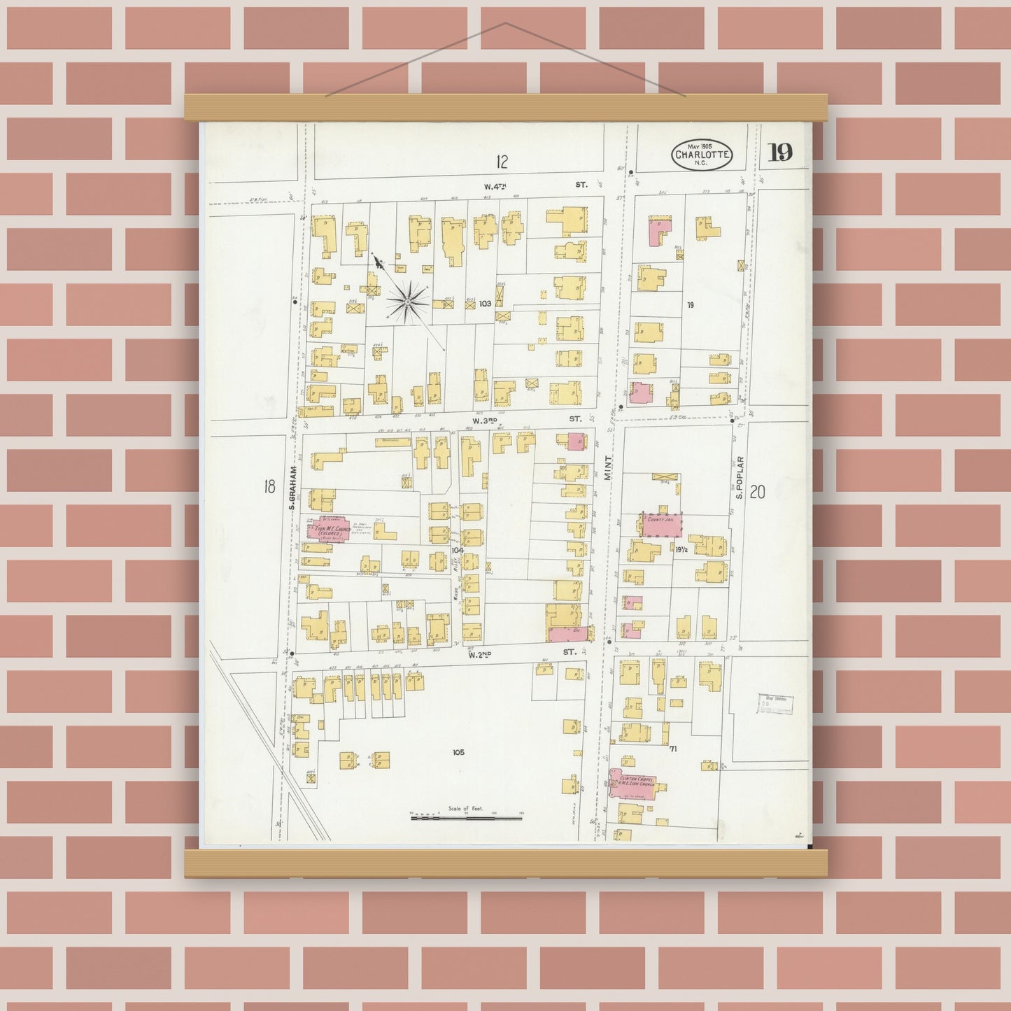 Old map wall art mockup — magnetic wood frame on brick wall — Sanborn Fire Insurance Map from Charlotte, Mecklenburg County, North Carolina (1905), Sheet #0019