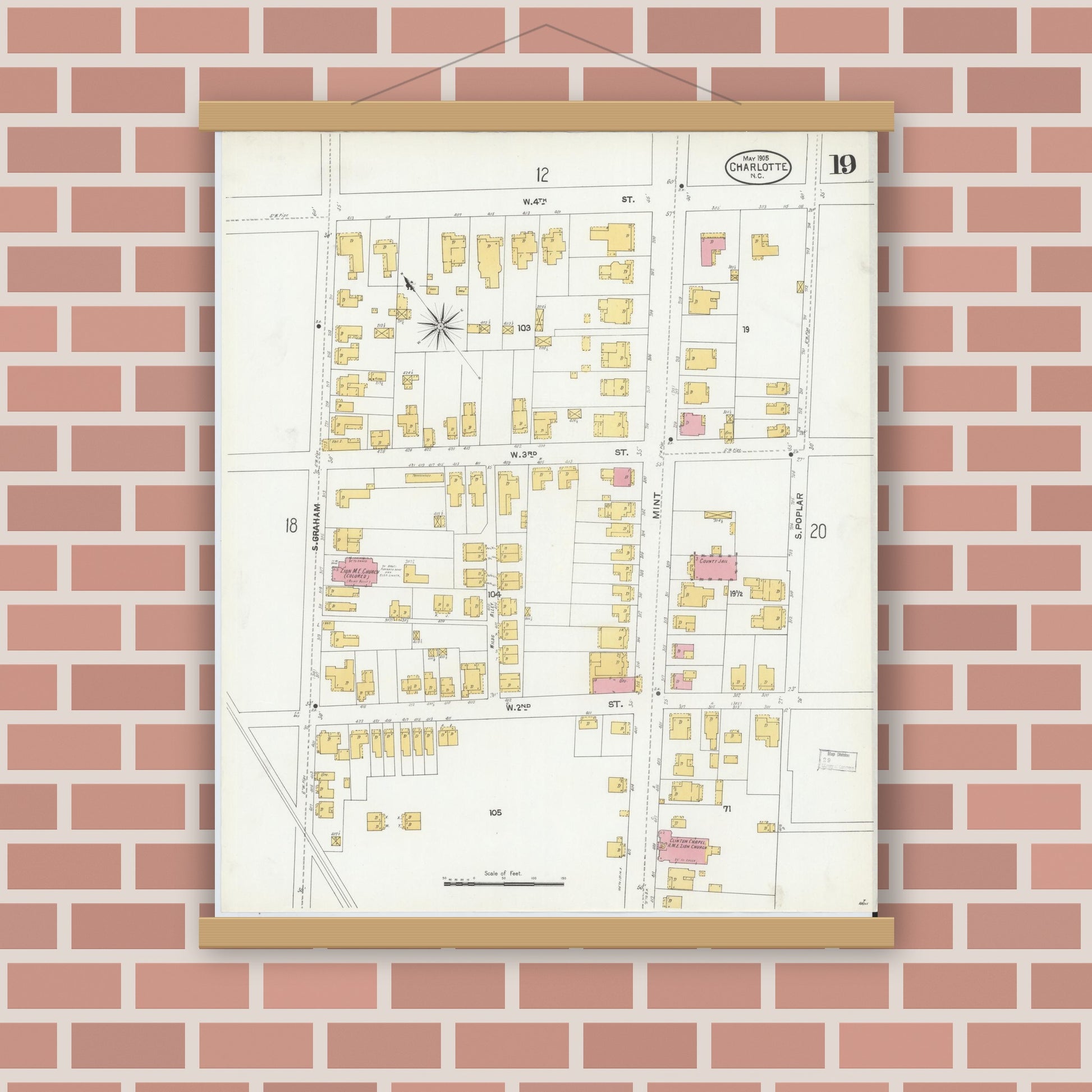 Old map wall art mockup — magnetic wood frame on brick wall — Sanborn Fire Insurance Map from Charlotte, Mecklenburg County, North Carolina (1905), Sheet #0019