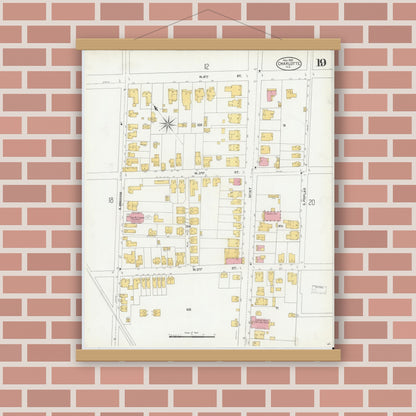 Old map wall art mockup — magnetic wood frame on brick wall — Sanborn Fire Insurance Map from Charlotte, Mecklenburg County, North Carolina (1905), Sheet #0019