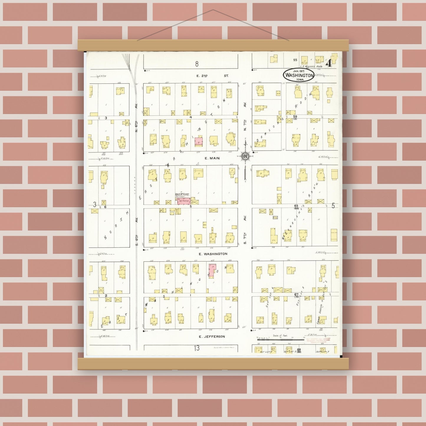 Old map wall art mockup — magnetic wood frame on brick wall — Sanborn Fire Insurance Map from Washington, Washington County, Iowa (1917), Sheet #0004
