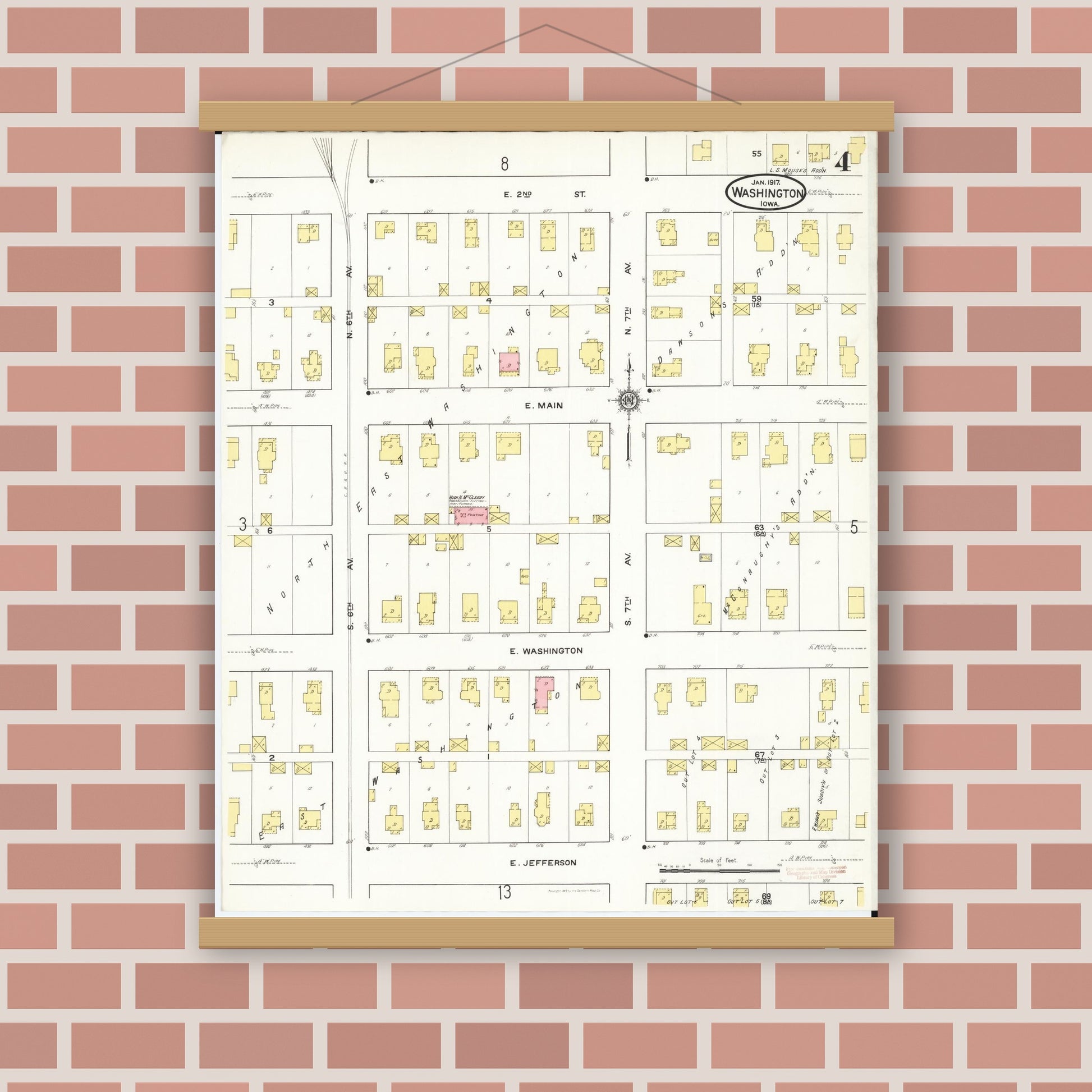 Old map wall art mockup — magnetic wood frame on brick wall — Sanborn Fire Insurance Map from Washington, Washington County, Iowa (1917), Sheet #0004