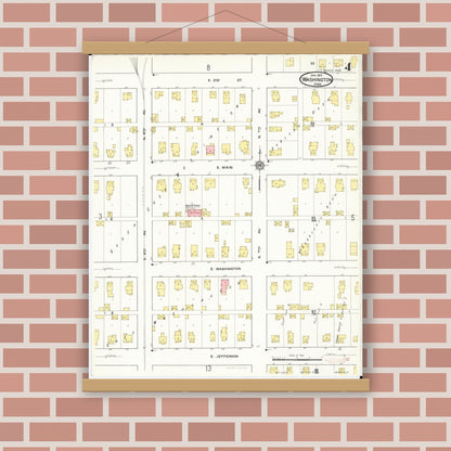 Old map wall art mockup — magnetic wood frame on brick wall — Sanborn Fire Insurance Map from Washington, Washington County, Iowa (1917), Sheet #0004