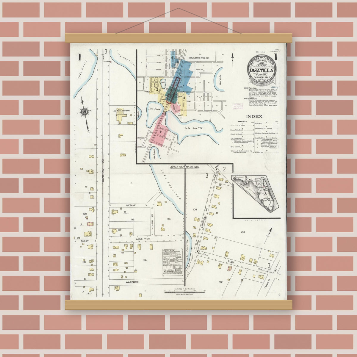 Old map wall art mockup — magnetic wood frame on brick wall — Sanborn Fire Insurance Map from Umatilla, Lake County, Florida (1925), Sheet #0001