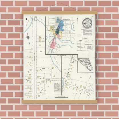 Old map wall art mockup — magnetic wood frame on brick wall — Sanborn Fire Insurance Map from Umatilla, Lake County, Florida (1925), Sheet #0001