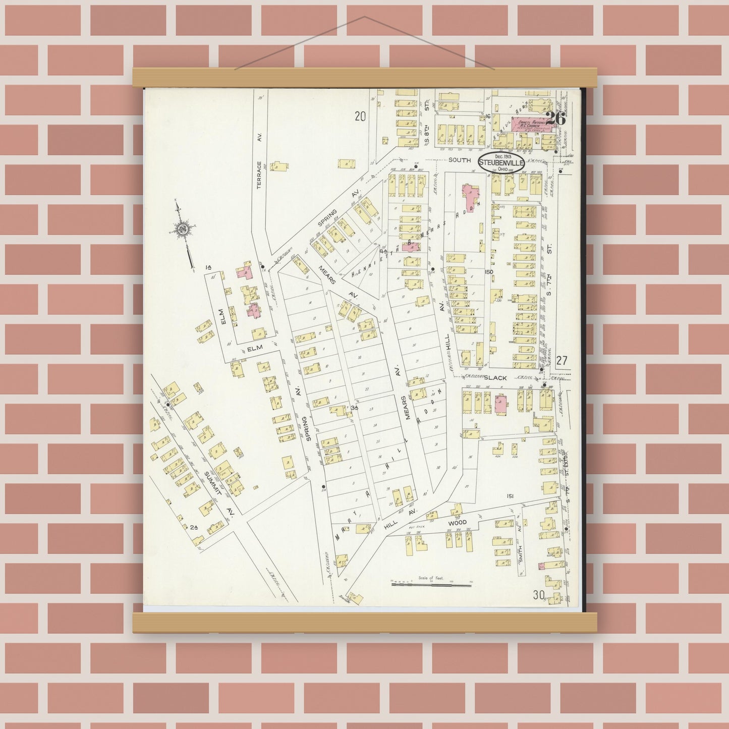 Old map wall art mockup — magnetic wood frame on brick wall — Sanborn Fire Insurance Map from Steubenville, Jefferson County, Ohio (1913), Sheet #0026