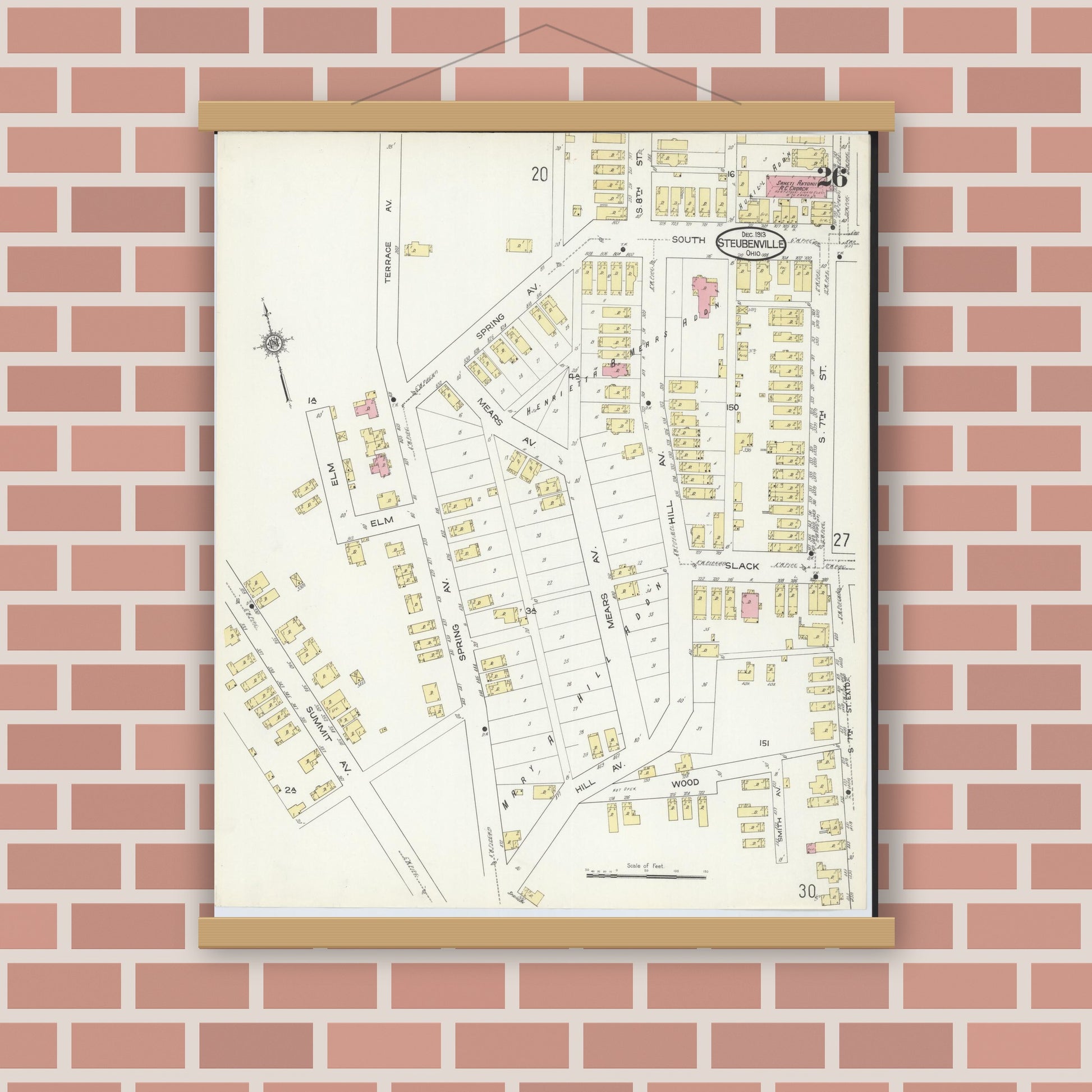 Old map wall art mockup — magnetic wood frame on brick wall — Sanborn Fire Insurance Map from Steubenville, Jefferson County, Ohio (1913), Sheet #0026