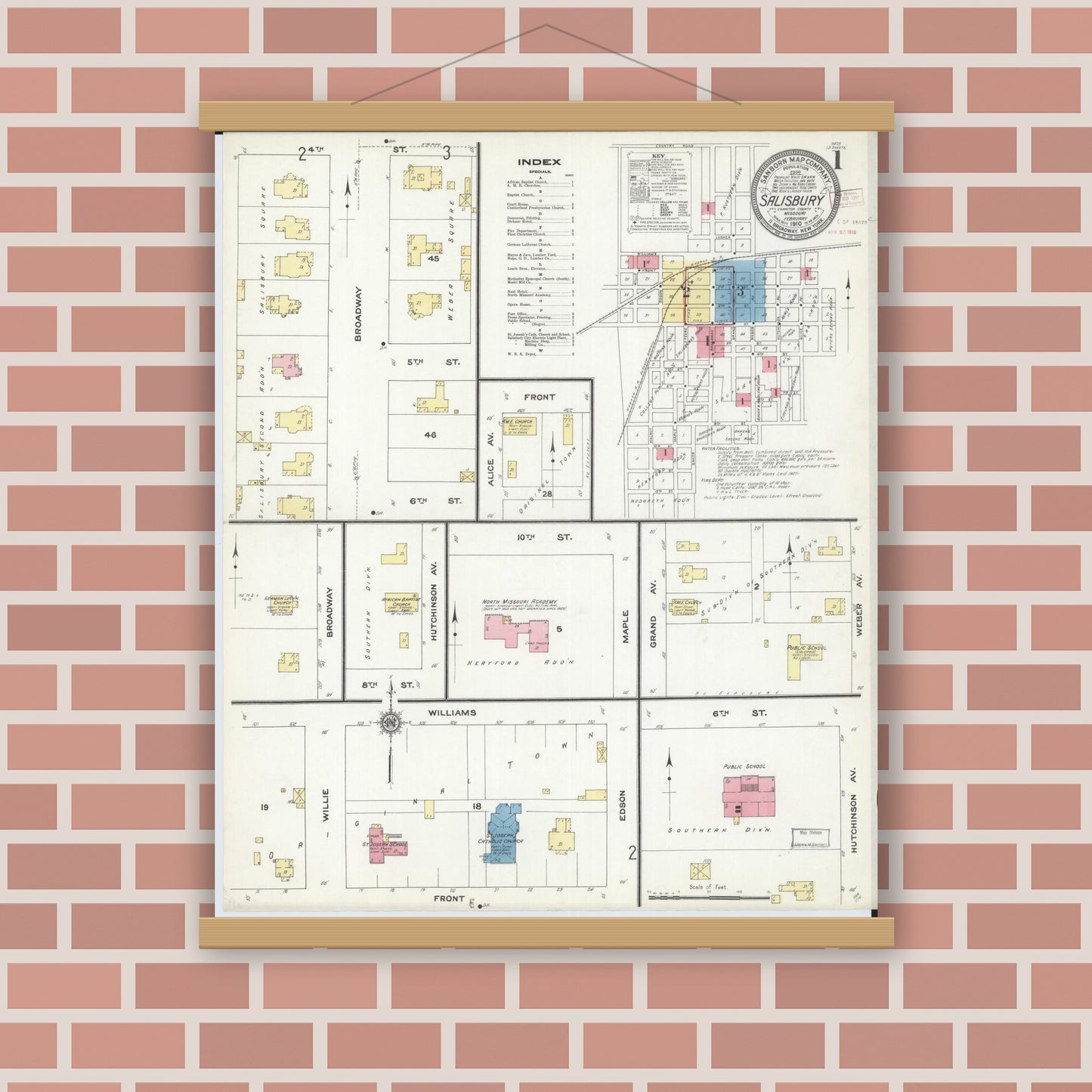 Old map wall art mockup — magnetic wood frame on brick wall — Sanborn Fire Insurance Map from Salisbury, Chariton County, Missouri (1910) - Complete Map Set