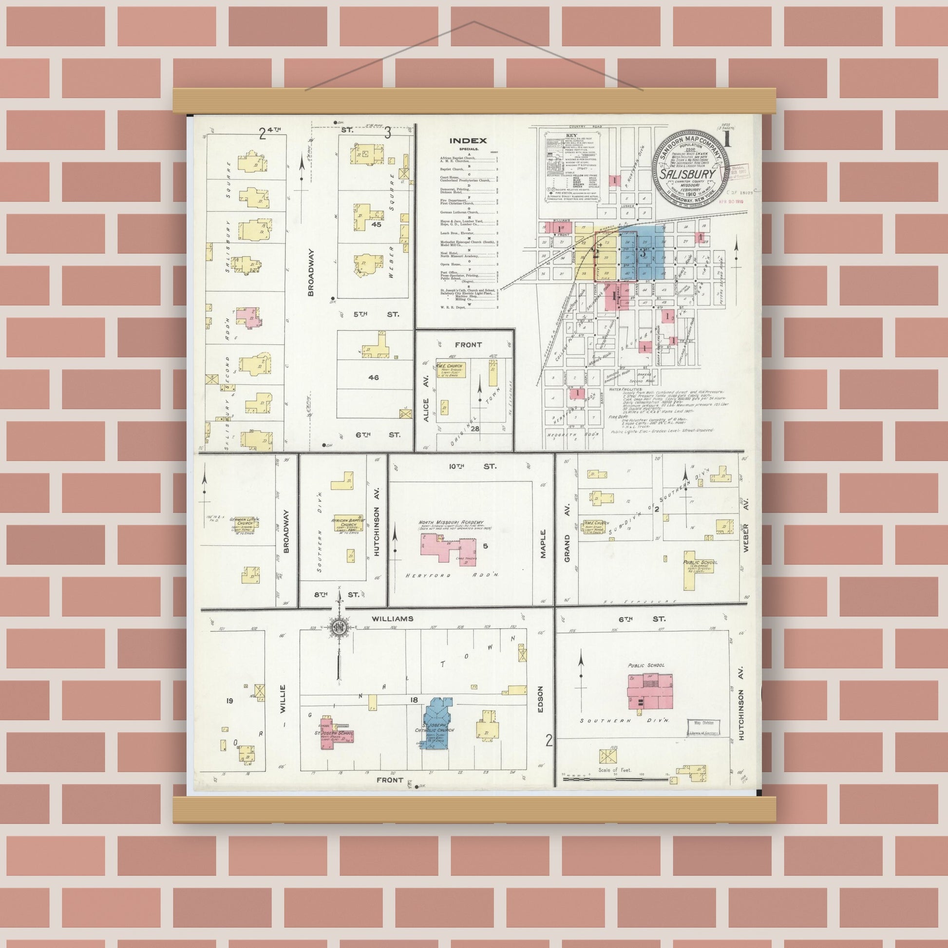 Old map wall art mockup — magnetic wood frame on brick wall — Sanborn Fire Insurance Map from Salisbury, Chariton County, Missouri (1910) - Complete Map Set