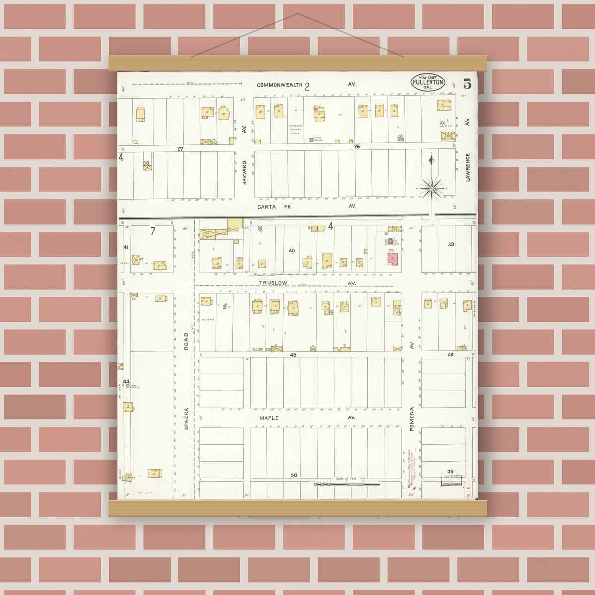 Old map wall art mockup — magnetic wood frame on brick wall — Sanborn Fire Insurance Map from Fullerton, Orange County, California (1907), Sheet #0005