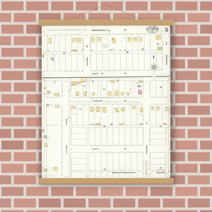 Old map wall art mockup — magnetic wood frame on brick wall — Sanborn Fire Insurance Map from Fullerton, Orange County, California (1907), Sheet #0005