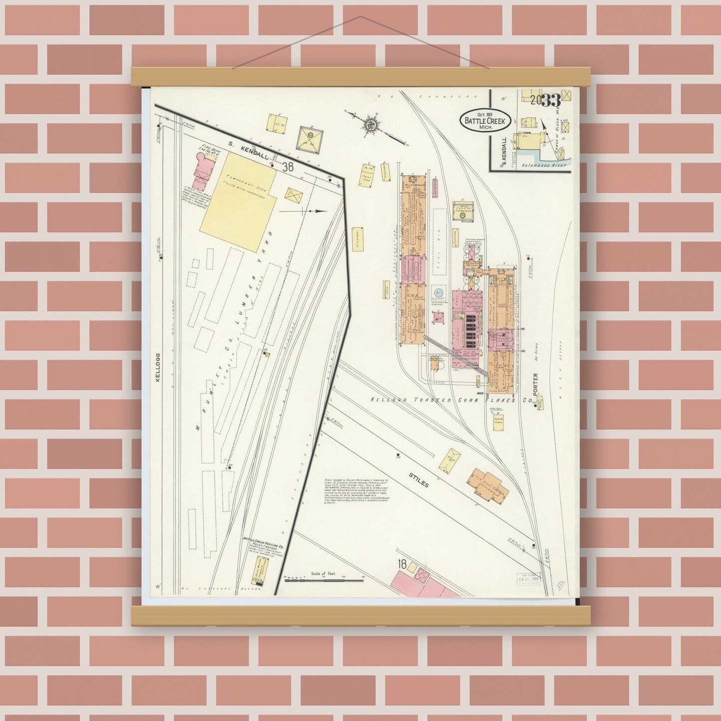 Old map wall art mockup — magnetic wood frame on brick wall — Sanborn Fire Insurance Map from Battle Creek, Calhoun County, Michigan (1913), Sheet #0033