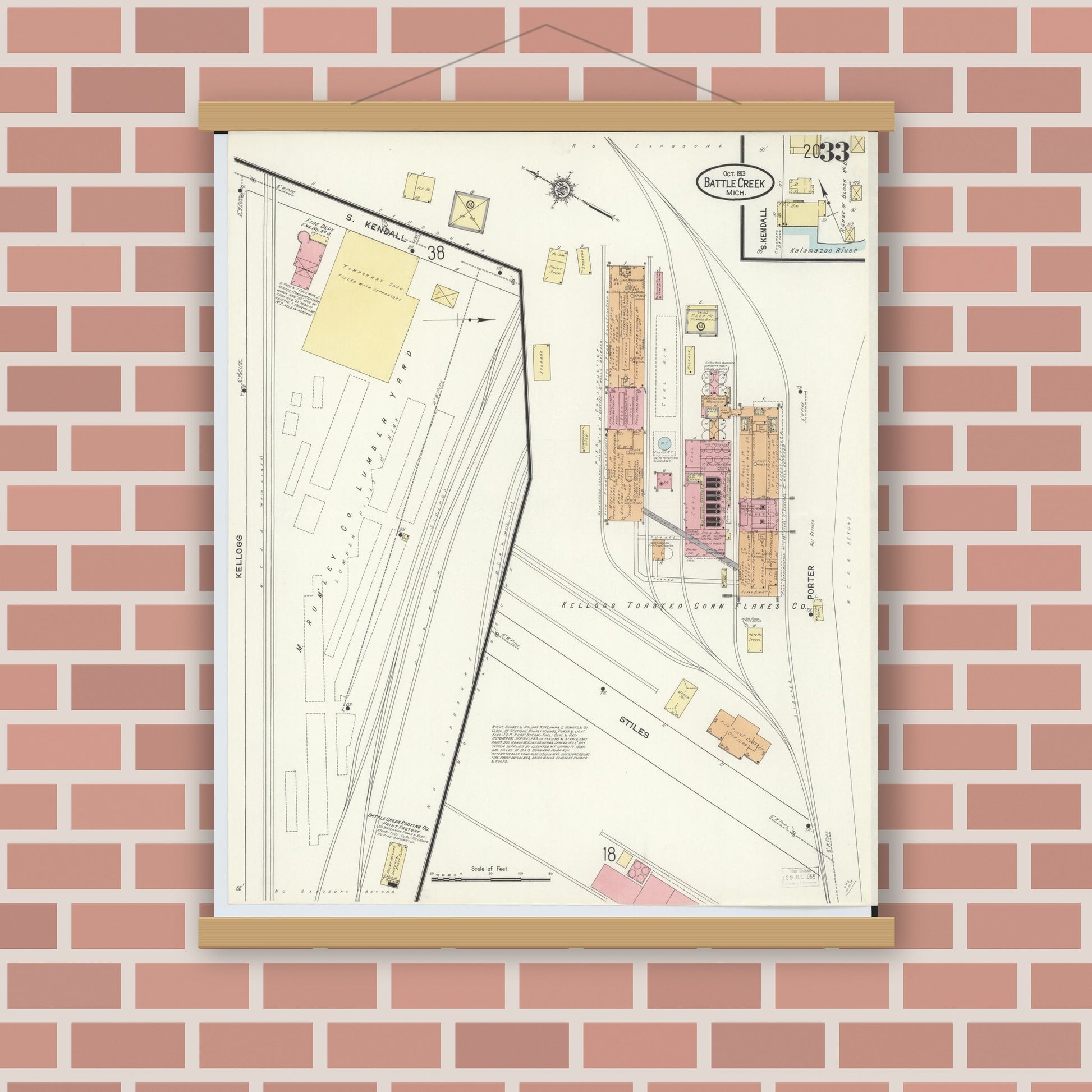 Old map wall art mockup — magnetic wood frame on brick wall — Sanborn Fire Insurance Map from Battle Creek, Calhoun County, Michigan (1913), Sheet #0033