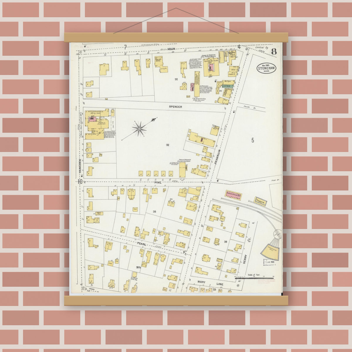 Old map wall art mockup — magnetic wood frame on brick wall — Sanborn Fire Insurance Map from Stoneham, Middlesex County, Massachusetts (1903), Sheet #0008