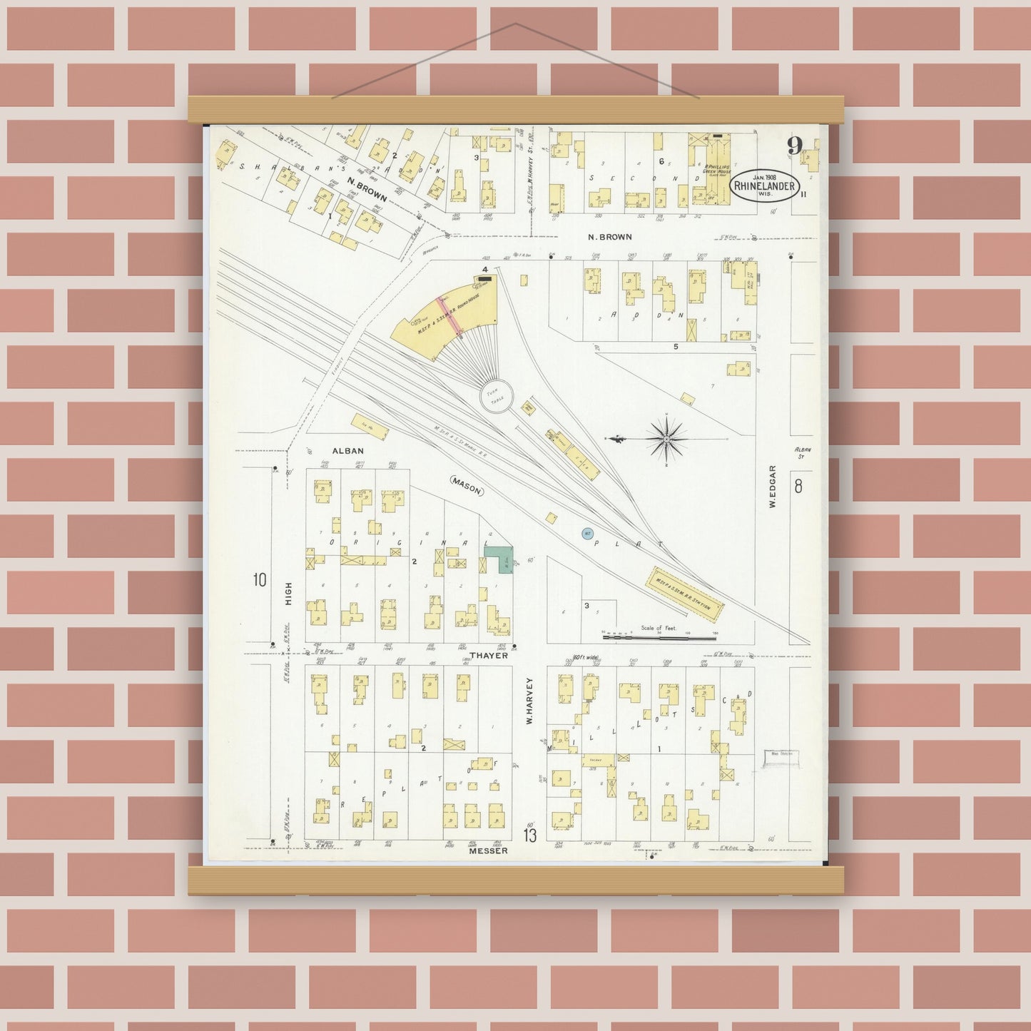 Old map wall art mockup — magnetic wood frame on brick wall — Sanborn Fire Insurance Map from Rhinelander, Oneida County, Wisconsin (1908), Sheet #0009
