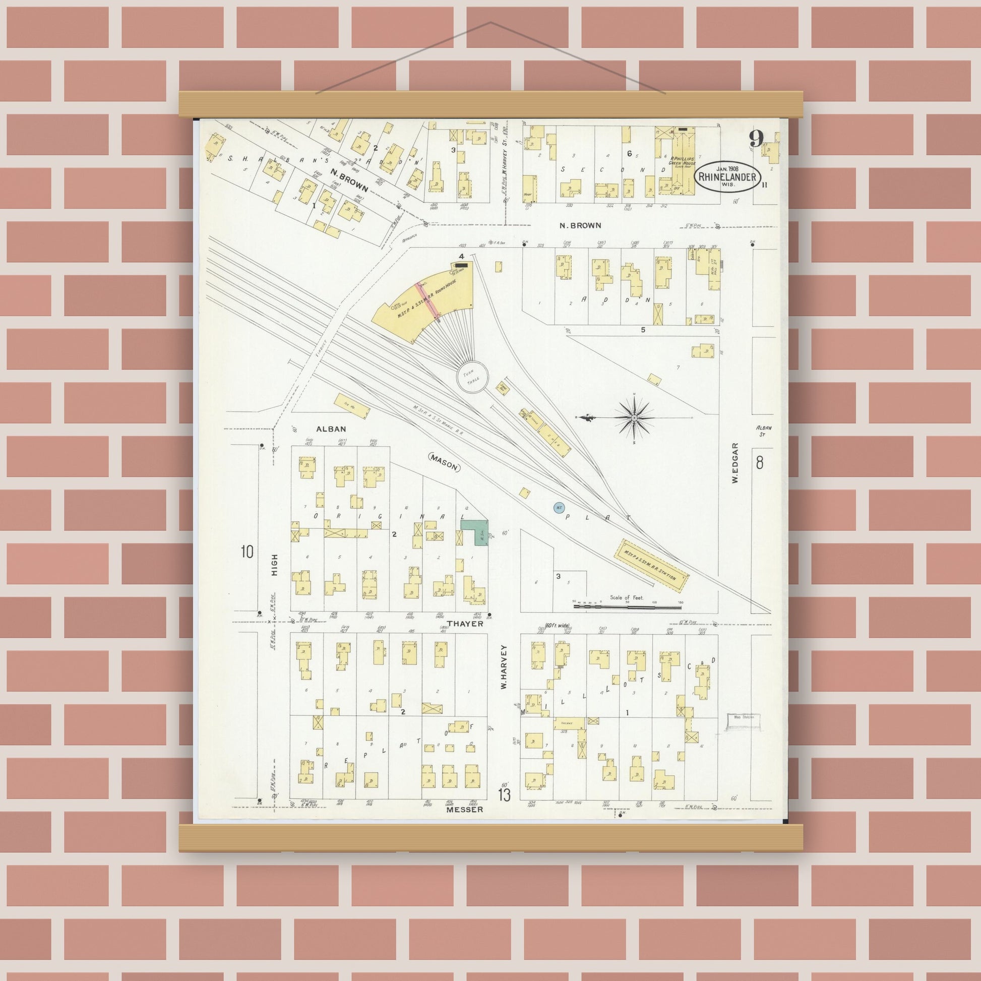 Old map wall art mockup — magnetic wood frame on brick wall — Sanborn Fire Insurance Map from Rhinelander, Oneida County, Wisconsin (1908), Sheet #0009