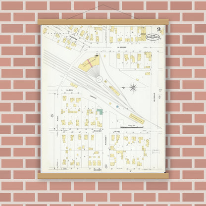 Old map wall art mockup — magnetic wood frame on brick wall — Sanborn Fire Insurance Map from Rhinelander, Oneida County, Wisconsin (1908), Sheet #0009
