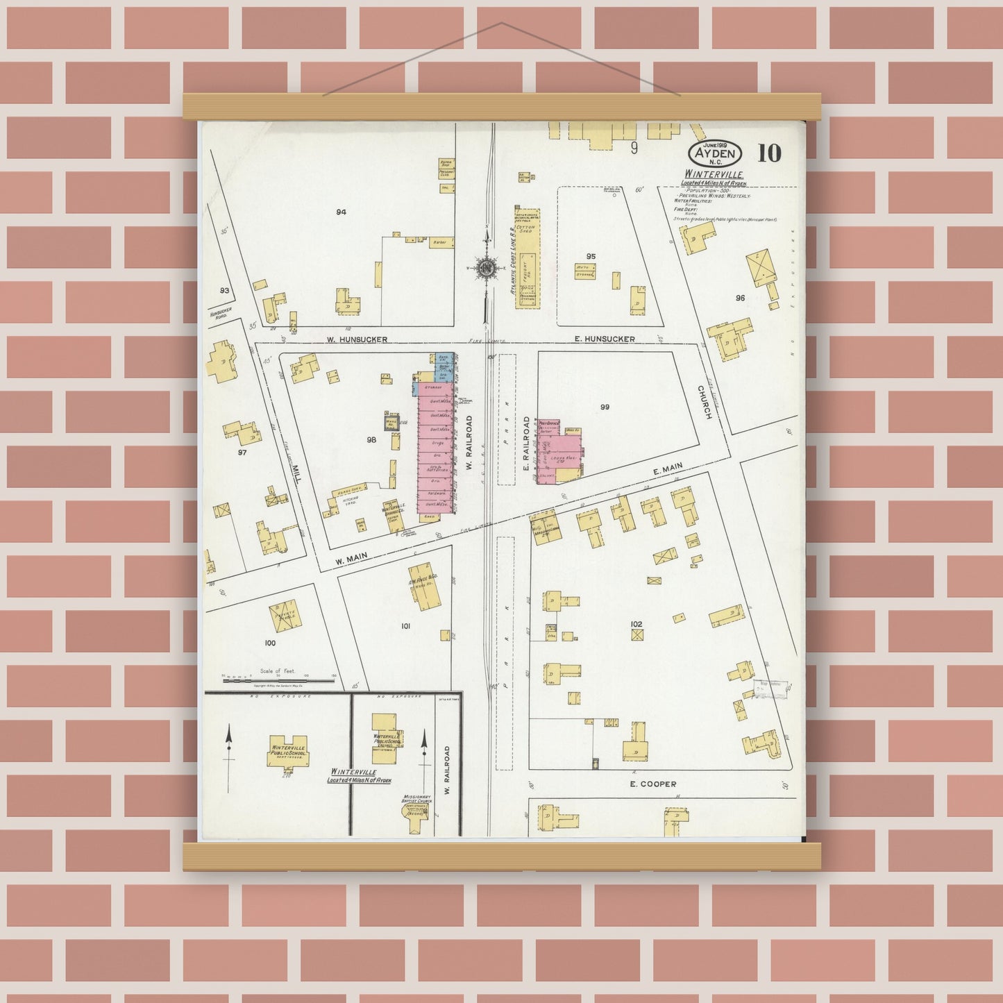 Old map wall art mockup — magnetic wood frame on brick wall — Sanborn Fire Insurance Map from Ayden, Pitt County, North Carolina (1919), Sheet #0010