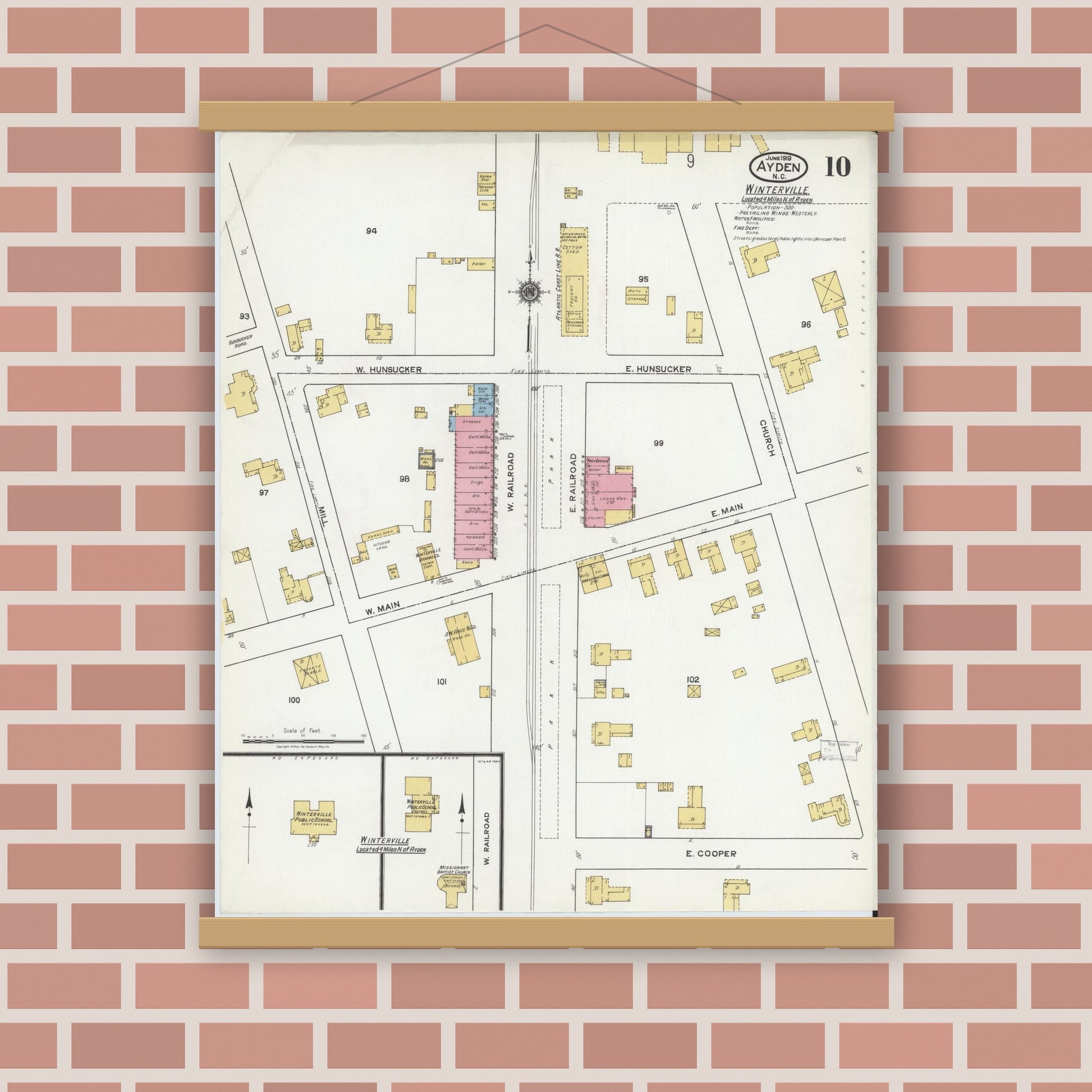 Old map wall art mockup — magnetic wood frame on brick wall — Sanborn Fire Insurance Map from Ayden, Pitt County, North Carolina (1919), Sheet #0010