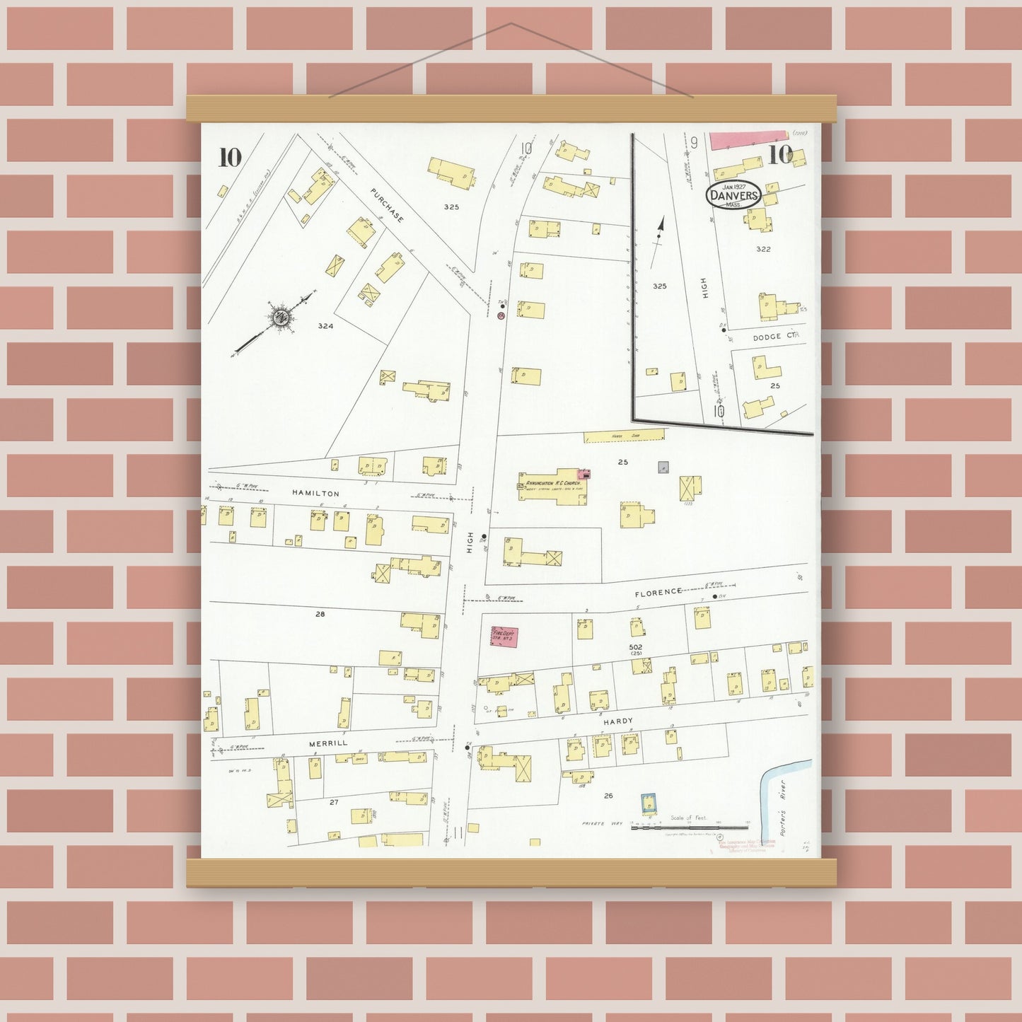Old map wall art mockup — magnetic wood frame on brick wall — Sanborn Fire Insurance Map from Danvers, Essex County, Massachusetts (1927), Sheet #0010