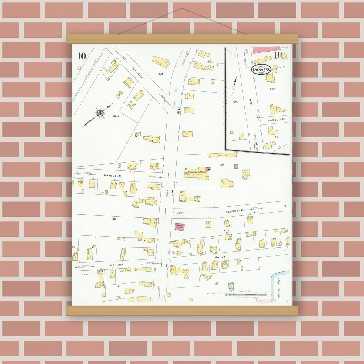 Old map wall art mockup — magnetic wood frame on brick wall — Sanborn Fire Insurance Map from Danvers, Essex County, Massachusetts (1927), Sheet #0010