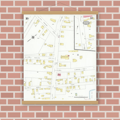 Old map wall art mockup — magnetic wood frame on brick wall — Sanborn Fire Insurance Map from Danvers, Essex County, Massachusetts (1927), Sheet #0010