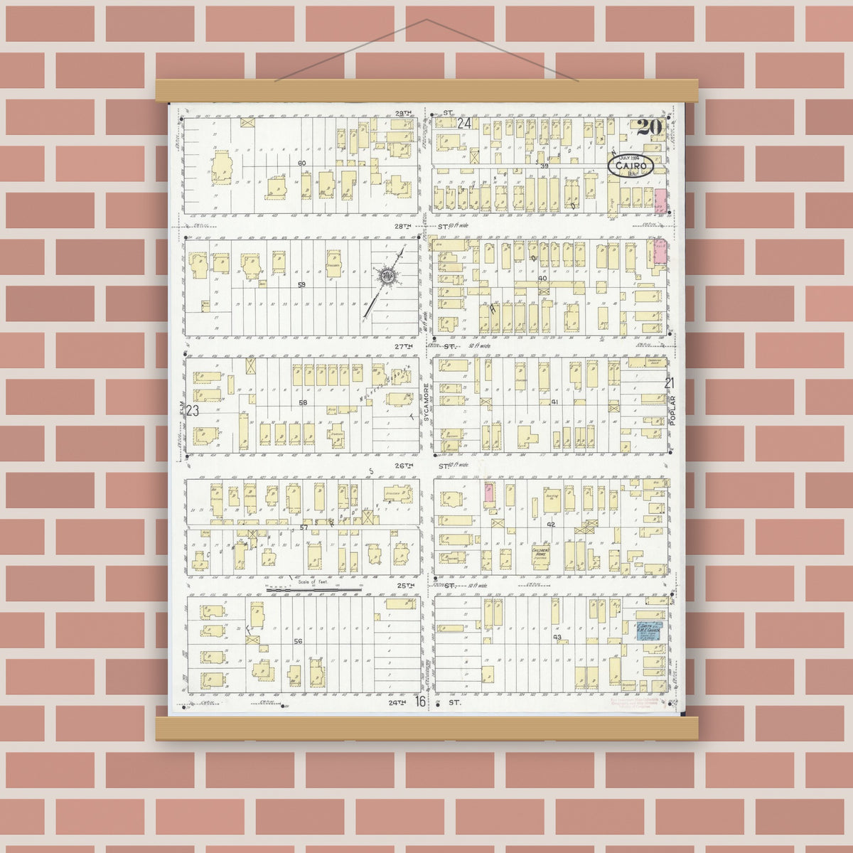 Old map wall art mockup — magnetic wood frame on brick wall — Sanborn Fire Insurance Map from Cairo, Alexander County, Illinois (1914), Sheet #0020
