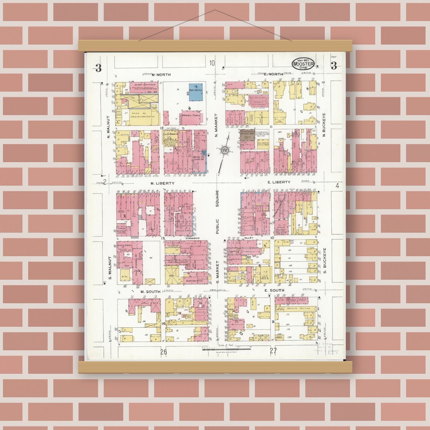 Old map wall art mockup — magnetic wood frame on brick wall — Sanborn Fire Insurance Map from Wooster, Wayne County, Ohio (1923), Sheet #0003