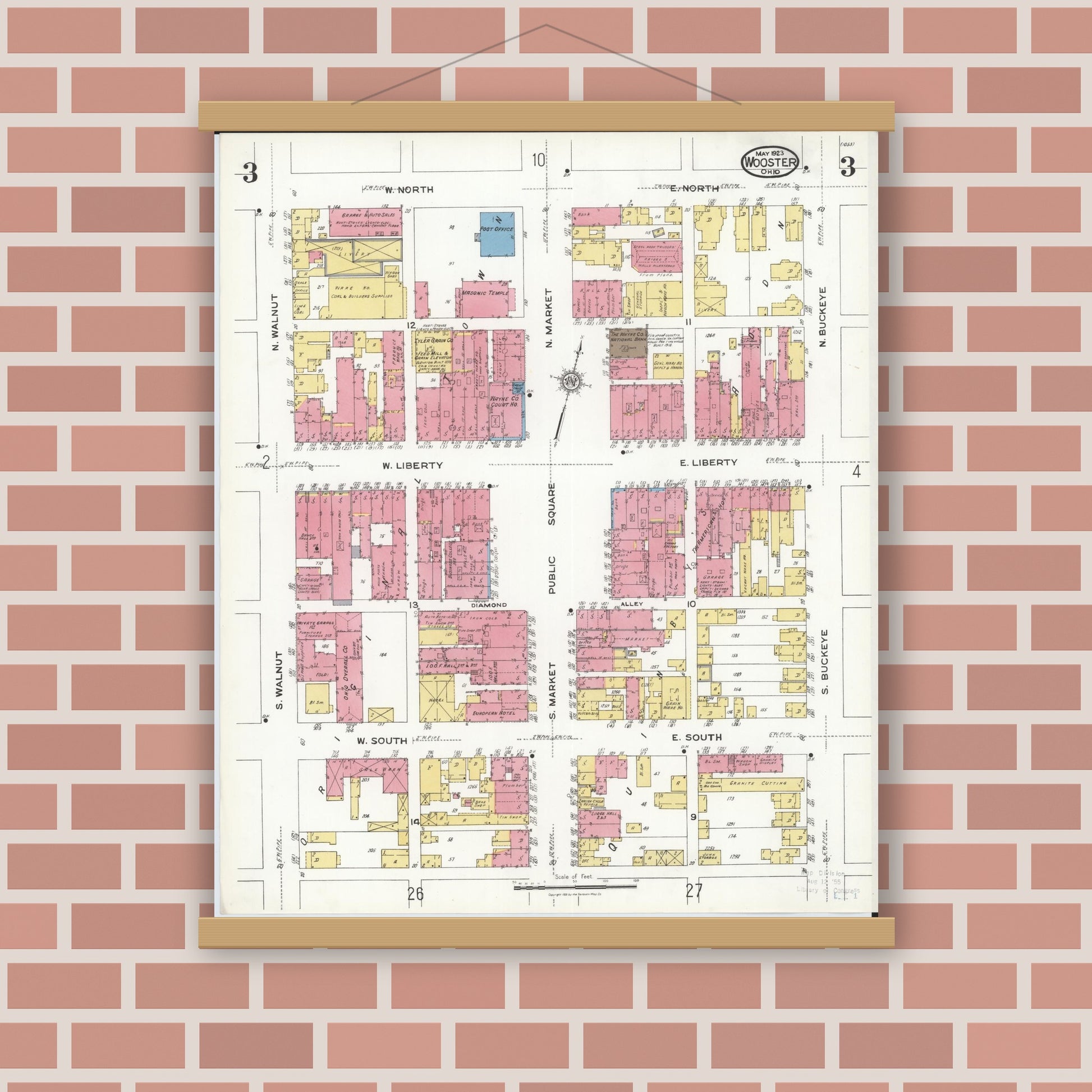 Old map wall art mockup — magnetic wood frame on brick wall — Sanborn Fire Insurance Map from Wooster, Wayne County, Ohio (1923), Sheet #0003