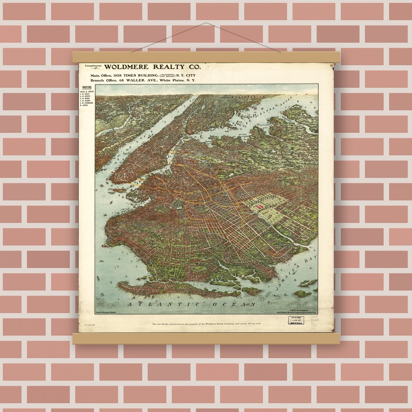 Old map wall art mockup — magnetic wood frame on brick wall — [Bird's-eye-view of Brooklyn] (1908)
